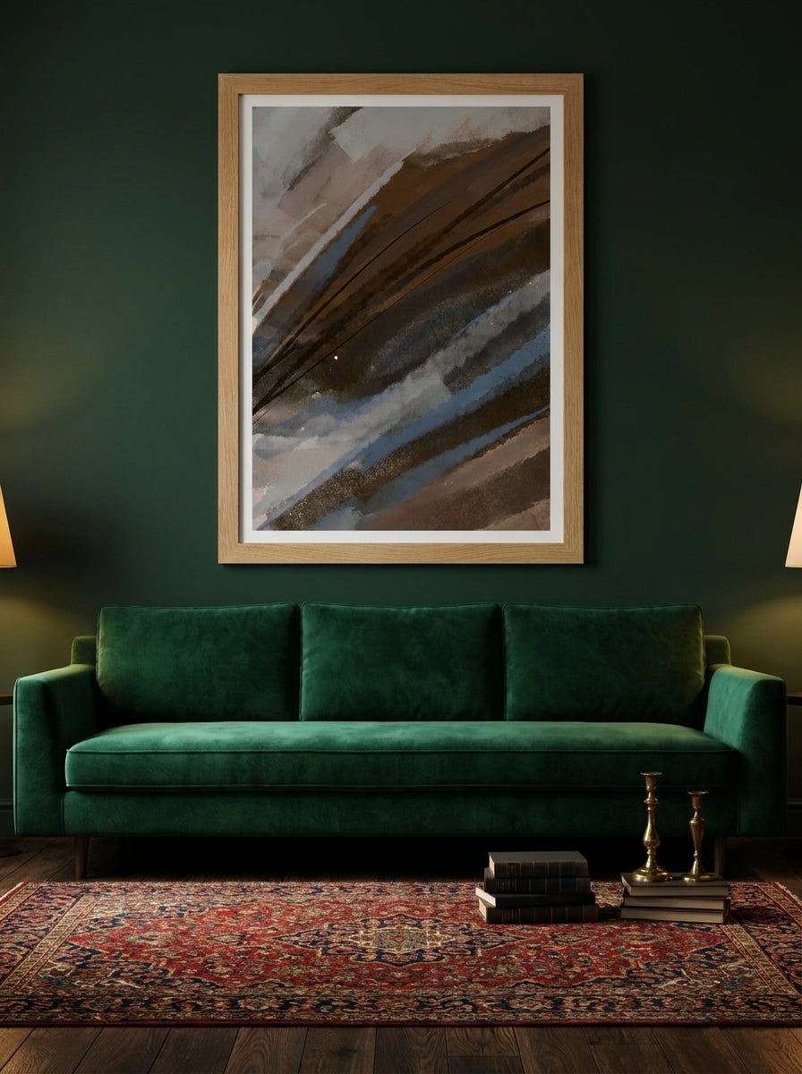 Modern wall art print styled on the wall in a moody living room