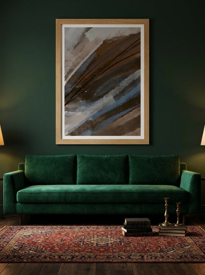 Modern wall art print styled on the wall in a moody living room