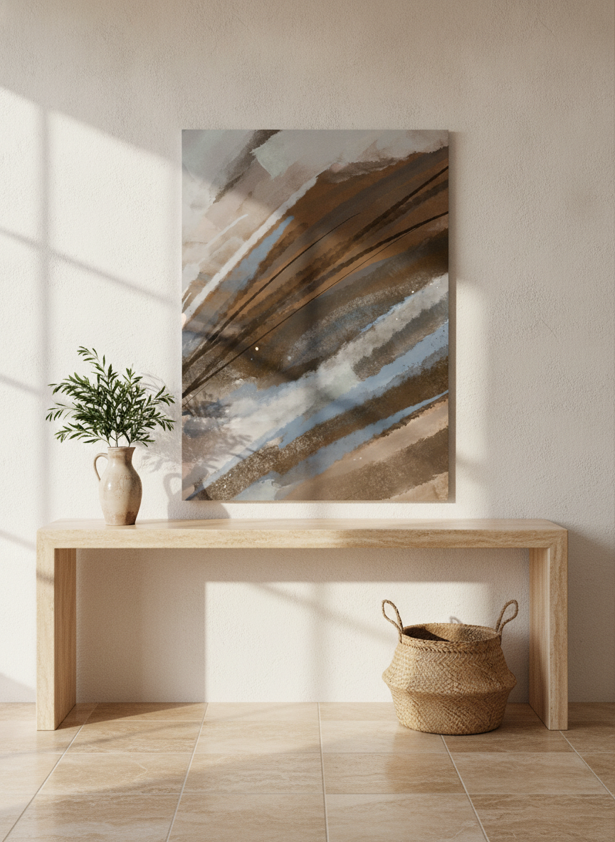 Stretched canvas wall art standing on a console in a Mediterranean bedroom