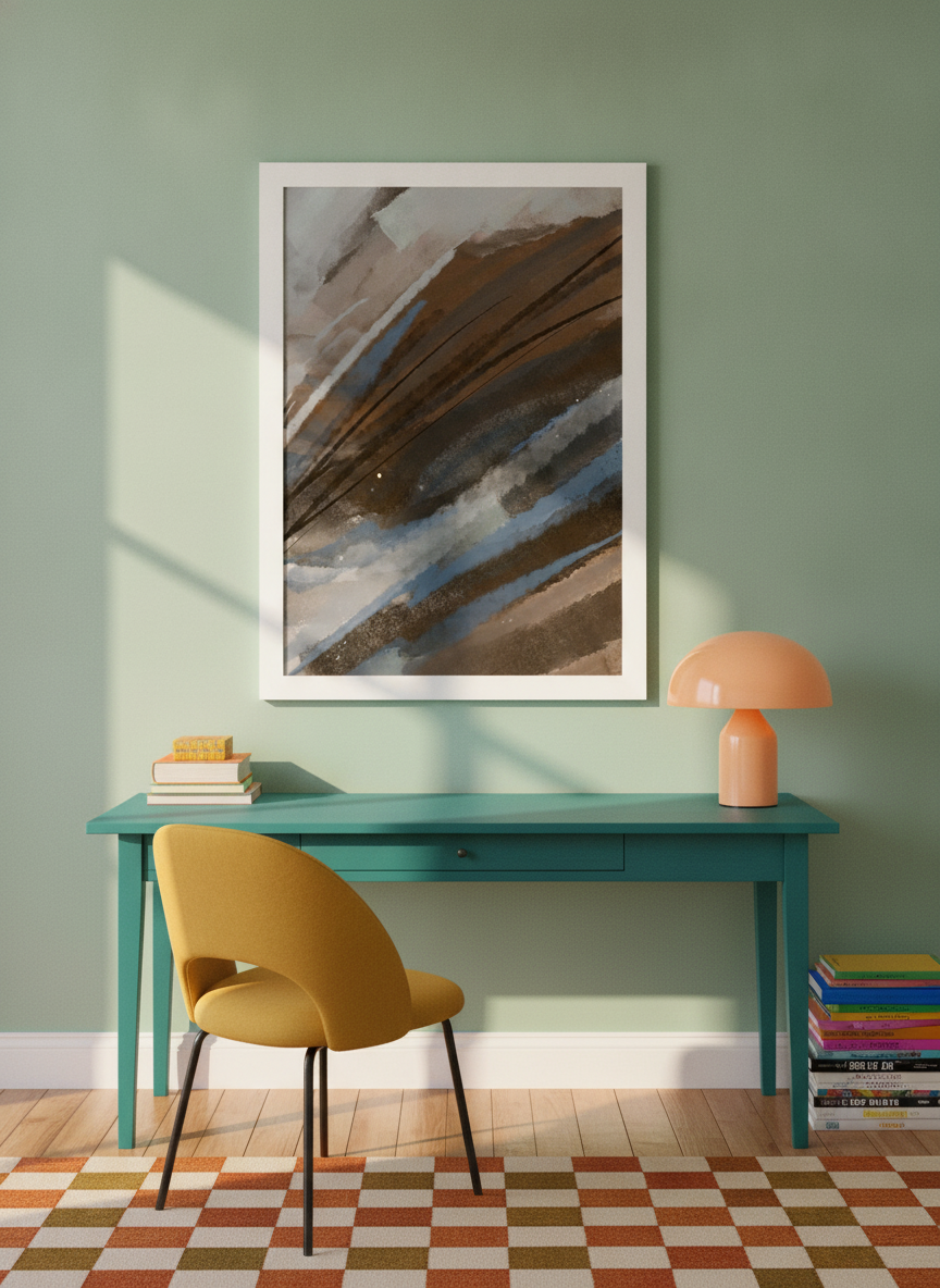 Modern wall art print styled on the wall in a colourful eclectic home office