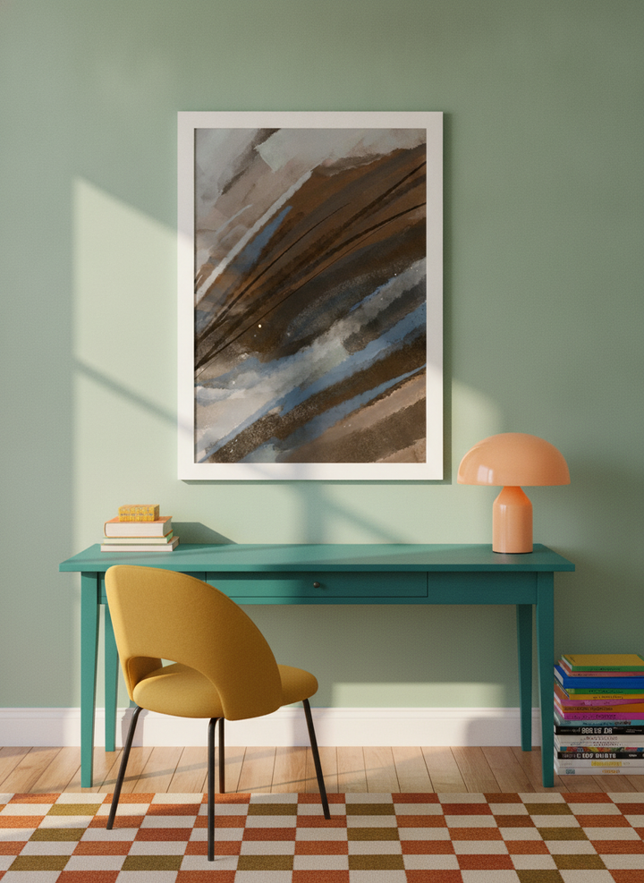 Modern wall art print styled on the wall in a colourful eclectic home office
