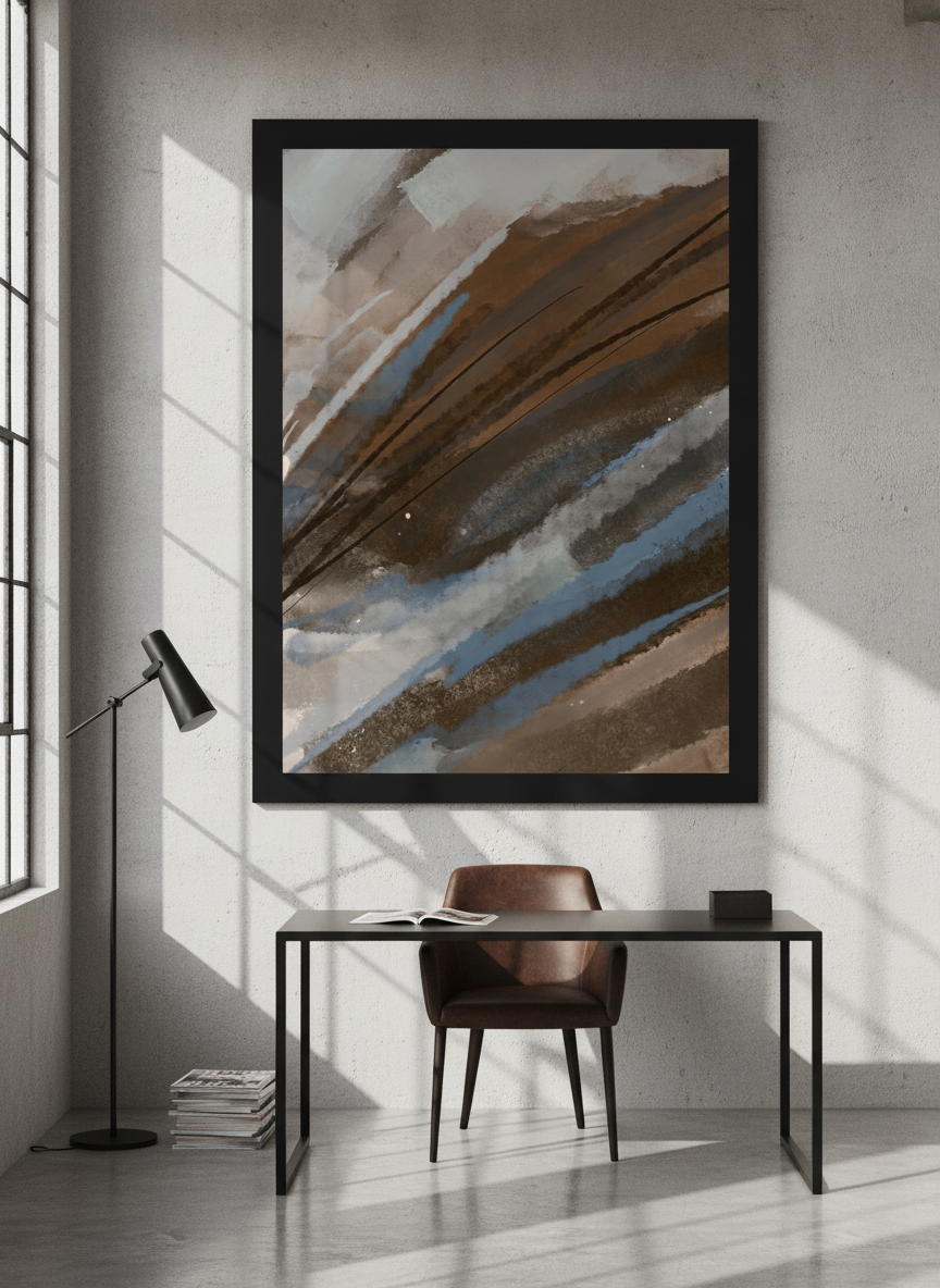 Oversized statement modern wall art print styled on the wall in an industrial loft home office