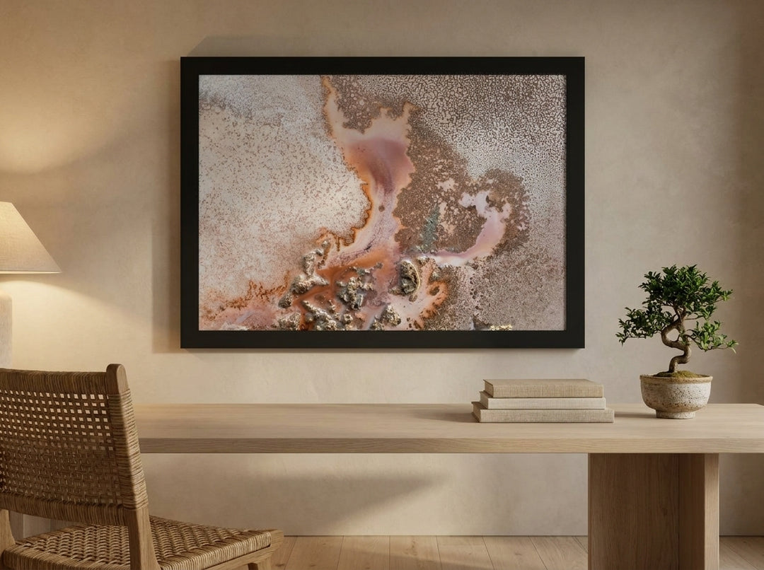 Modern wall art print styled on the wall in a warm Japandi home office
