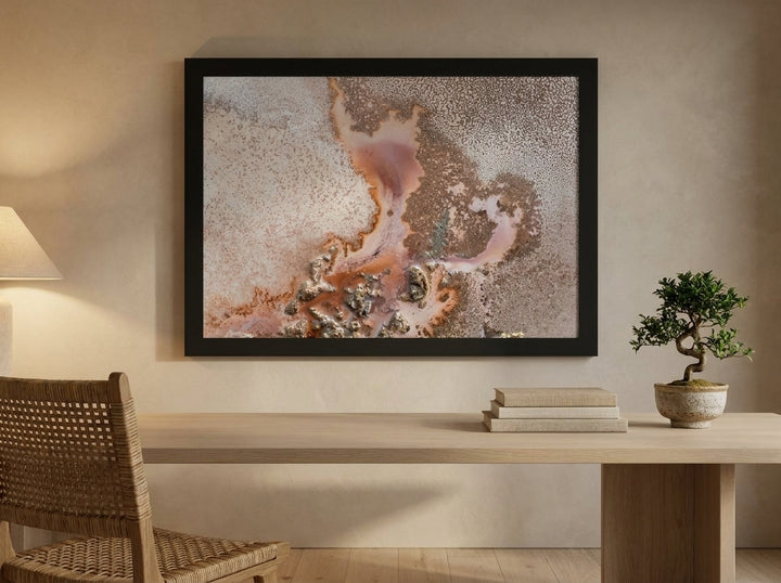 Modern wall art print styled on the wall in a warm Japandi home office