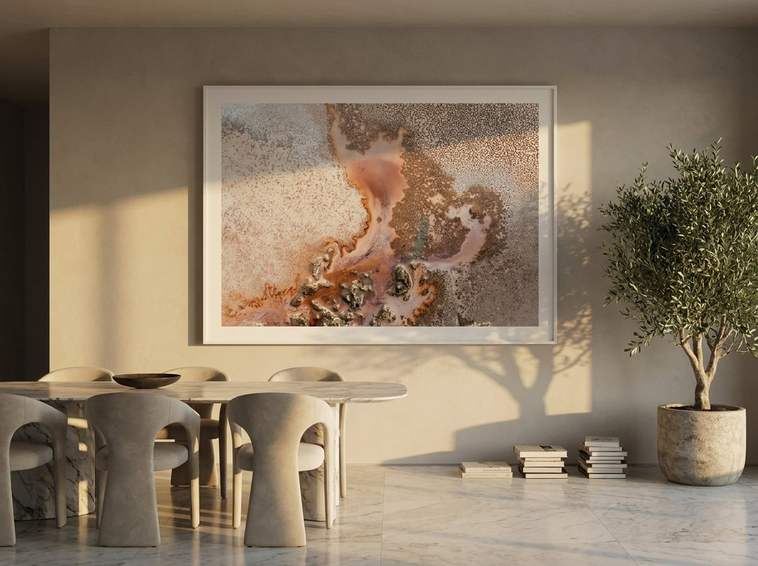 Oversized statement modern wall art print styled on the wall in a luxe dining room