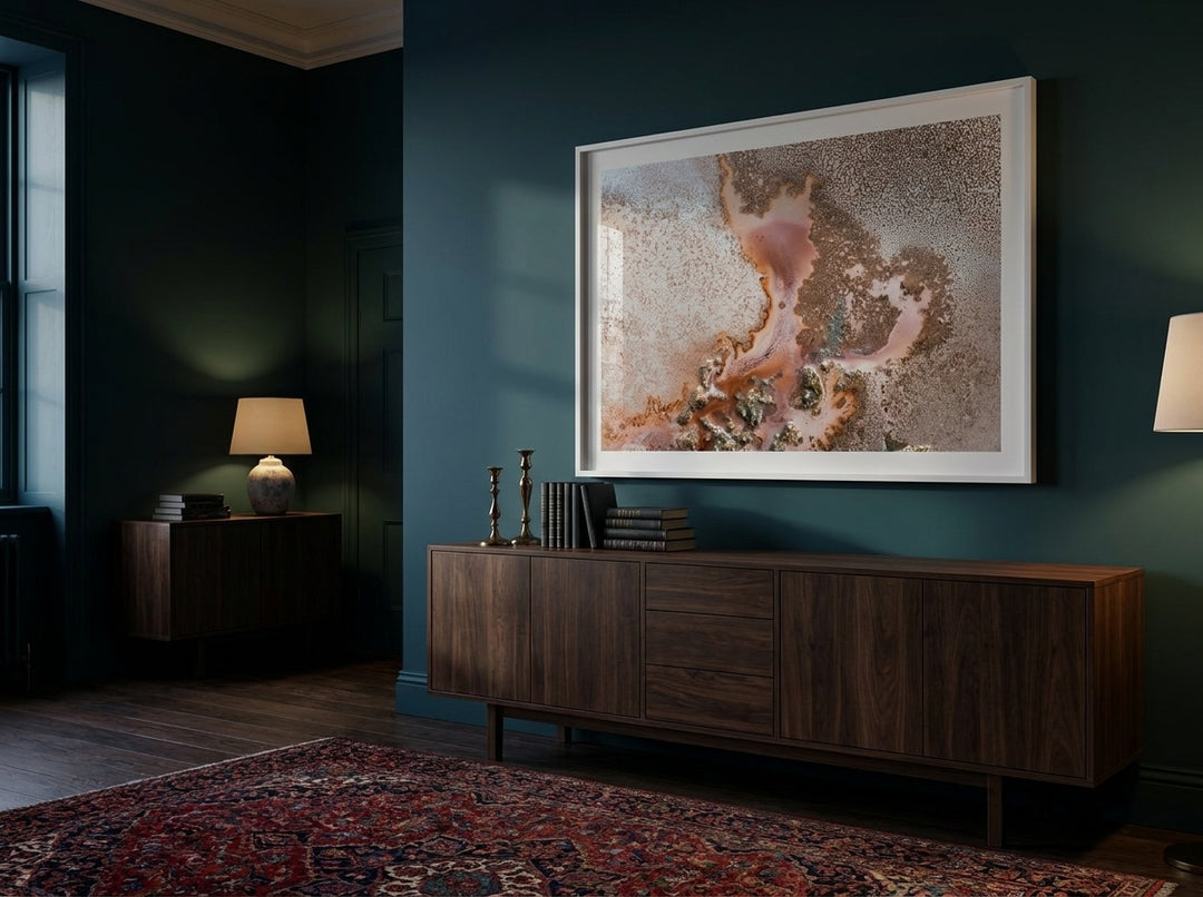 Oversized statement modern wall art print styled on the wall in a moody living room