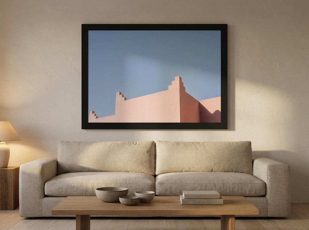 Modern wall art print styled on the wall in a warm Japandi living room