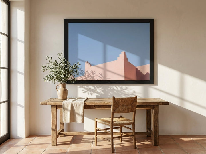 Oversized statement modern wall art print styled on the wall in a Mediterranean home office