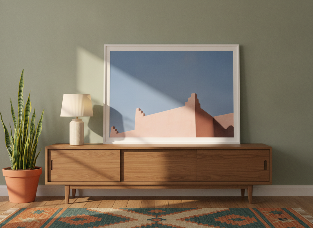 Modern wall art print standing on a sideboard in a mid-century home office