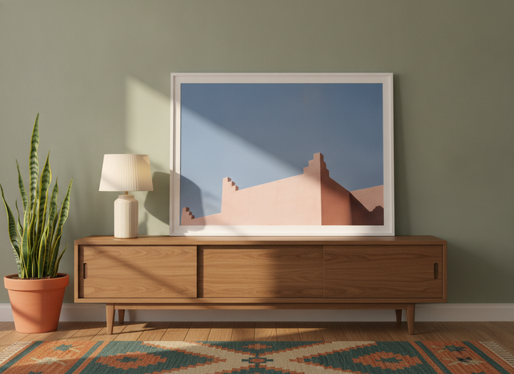 Modern wall art print standing on a sideboard in a mid-century home office