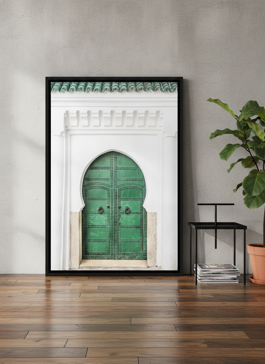 Canvas wall art with a black surround leaning against the wall in an industrial loft living room