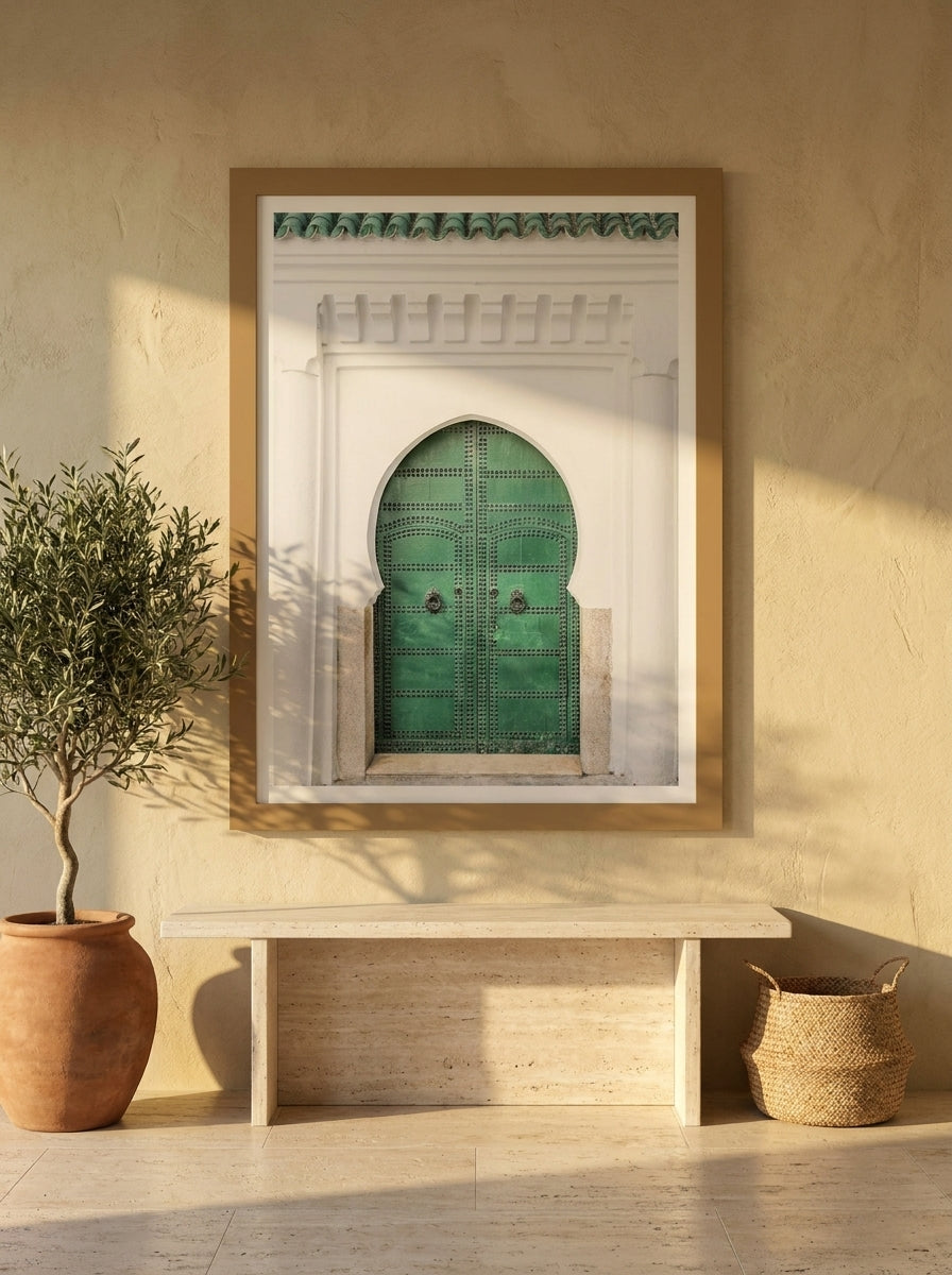 Modern wall art print styled on the wall in a Mediterranean living room