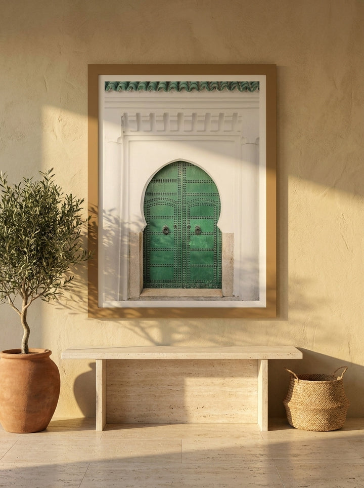 Modern wall art print styled on the wall in a Mediterranean living room