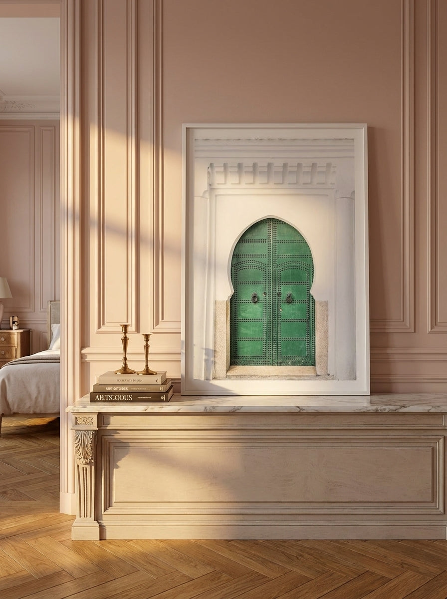 Modern wall art print standing on a console in a Parisian bedroom
