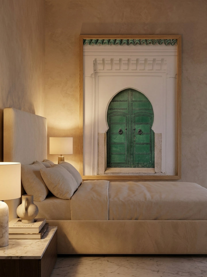 Oversized statement modern wall art print styled on the wall in a luxe bedroom
