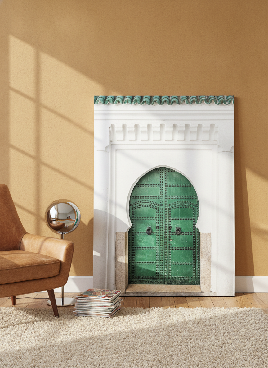 Stretched canvas wall art leaning against the wall in a retro 70s home office