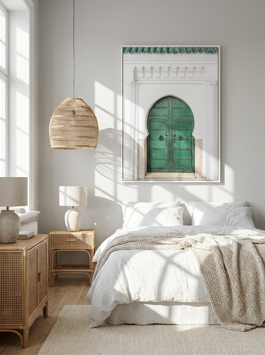 Canvas wall art with a white surround styled on the wall in a bright Scandinavian bedroom