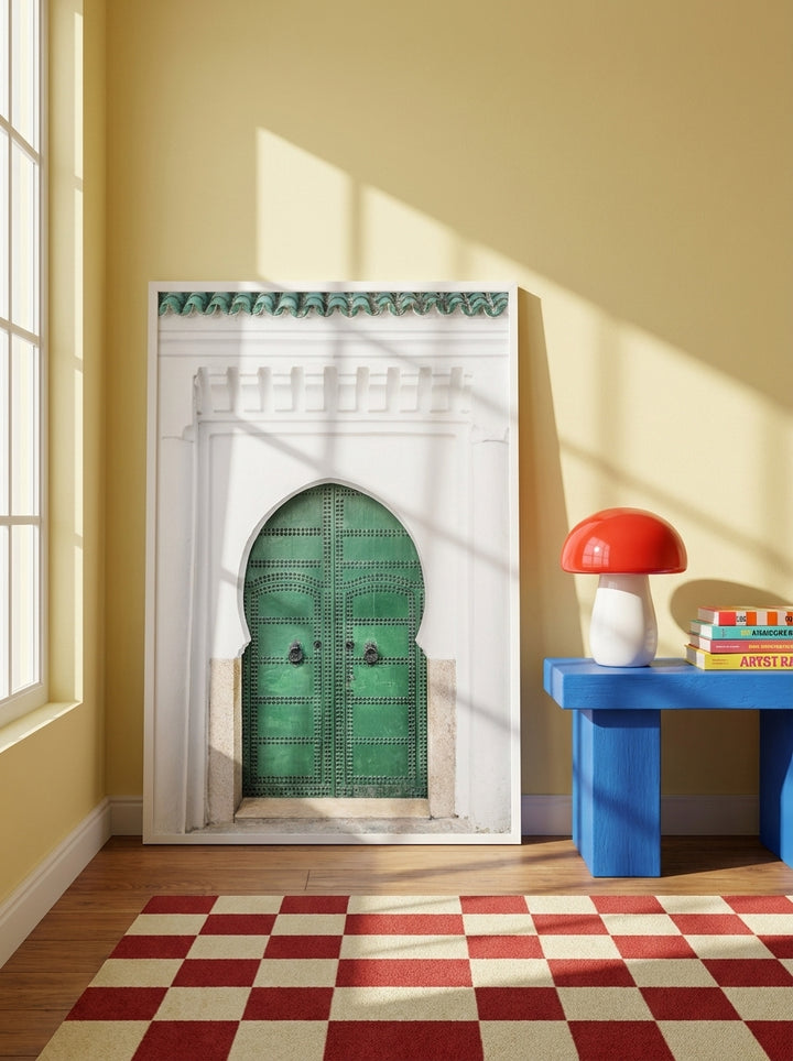 Modern wall art print standing on a side table in a colourful eclectic home office