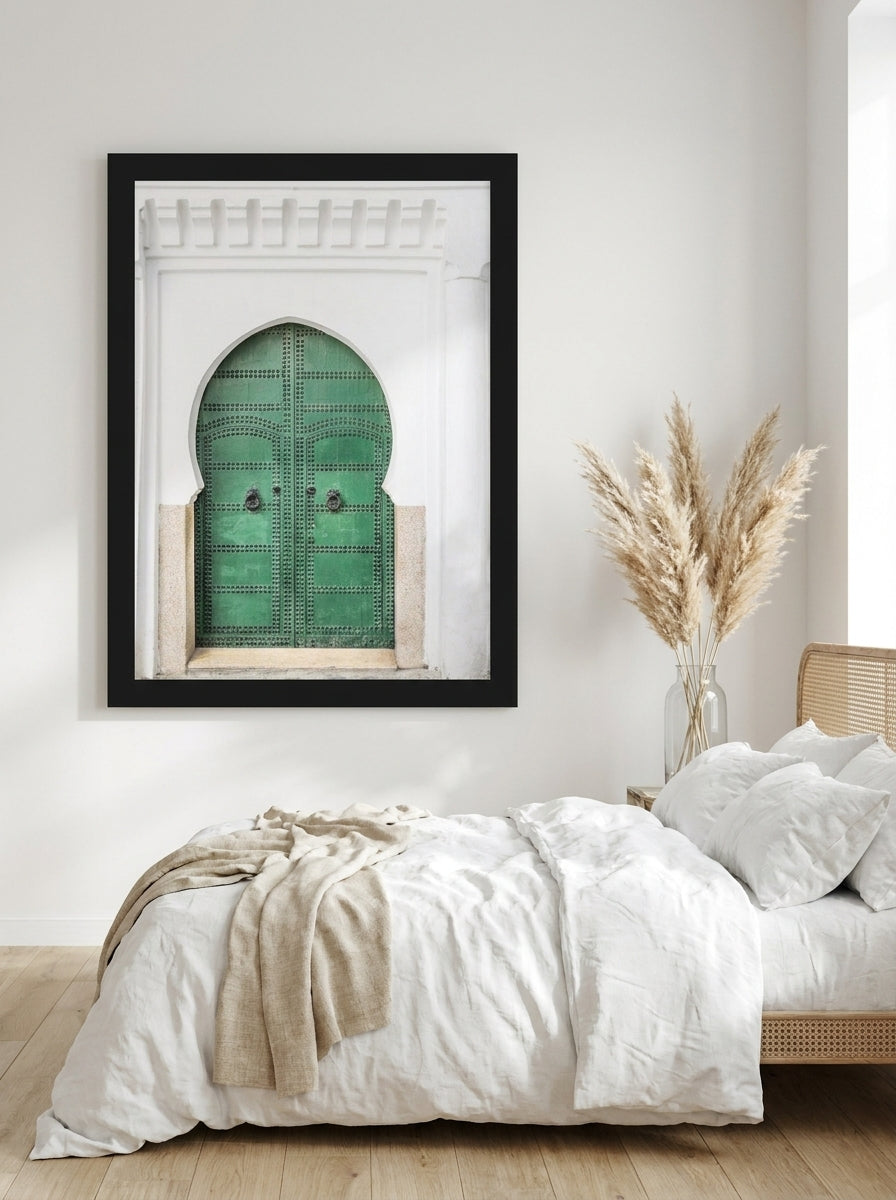 Oversized statement modern wall art print styled on the wall in a coastal bedroom