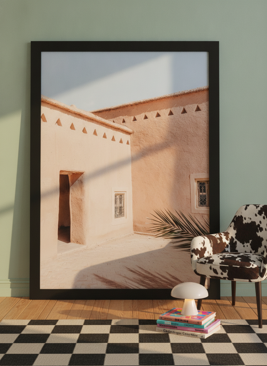 Modern wall art print leaning against the wall in a colourful eclectic living room