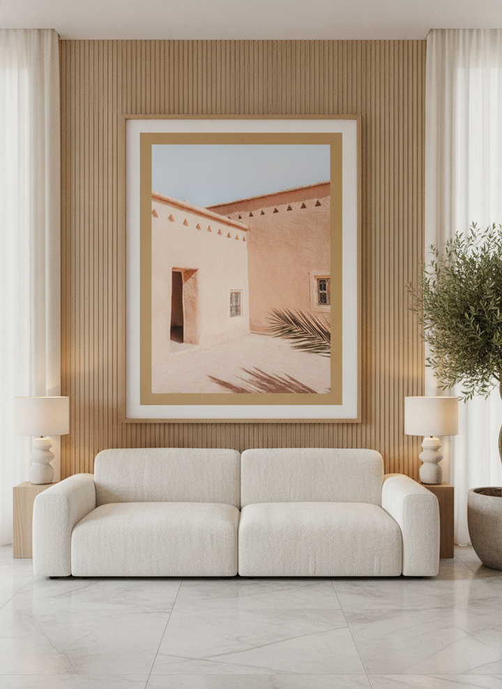 Oversized statement modern wall art print styled on the wall in a luxe living room