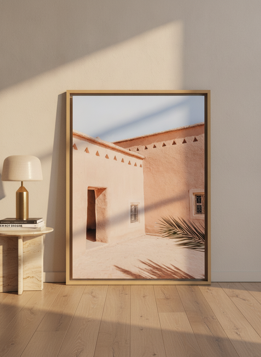 Oversized statement canvas wall art with a natural timber surround leaning against the wall in a luxe bedroom