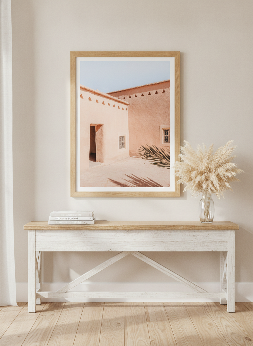 Modern wall art print styled on the wall in a coastal living room