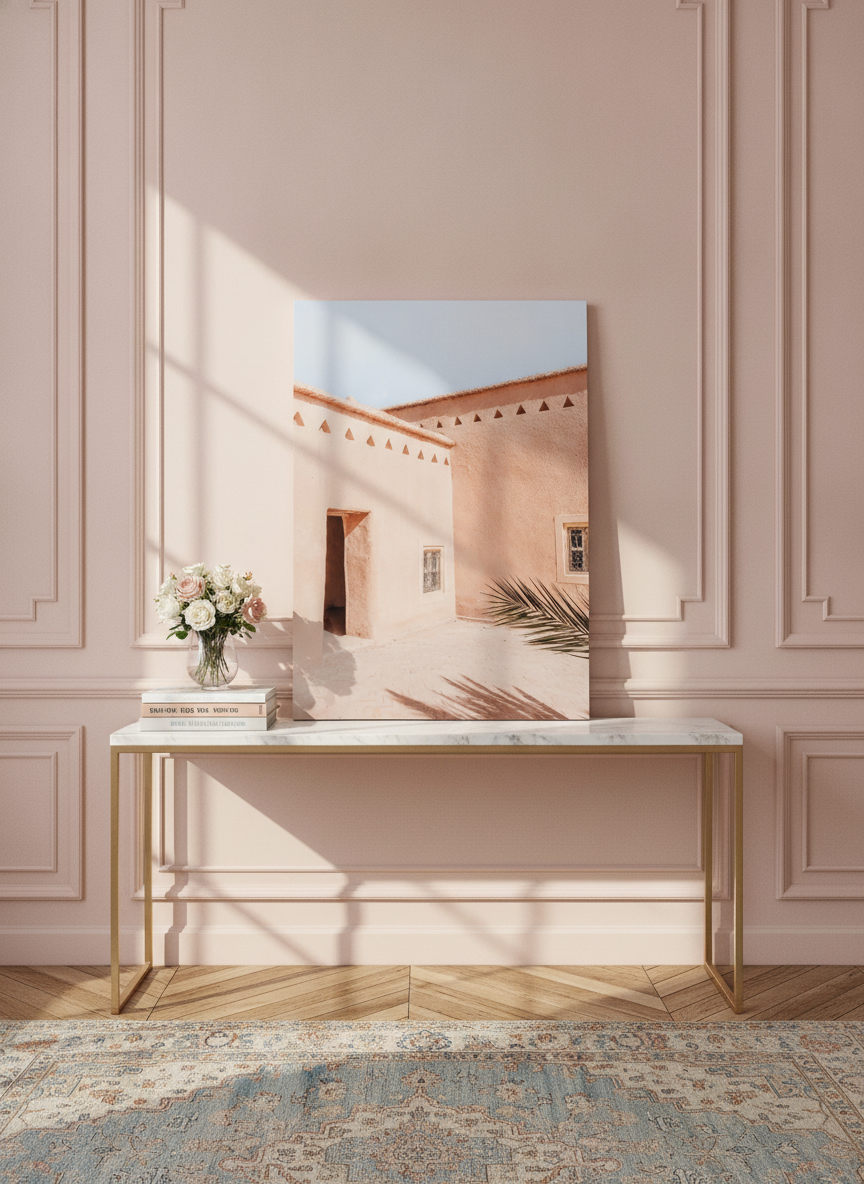 Stretched canvas wall art standing on a console in a Parisian home office