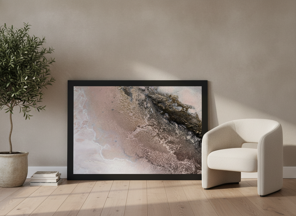 Modern wall art print leaning against the wall in a luxe home office