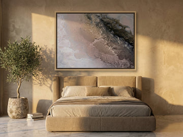 Oversized statement canvas wall art with a natural timber surround styled on the wall in a luxe bedroom
