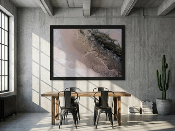 Oversized statement modern wall art print styled on the wall in an industrial loft dining room