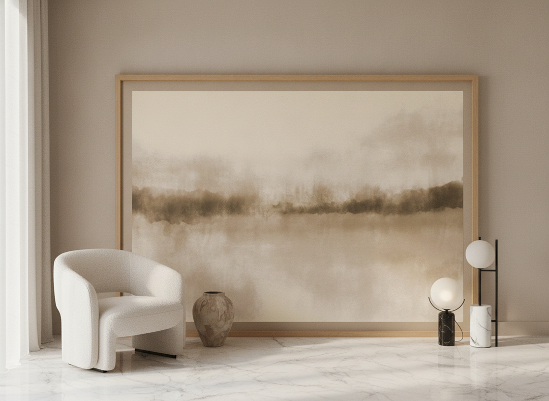 Oversized statement modern wall art print leaning against the wall in a luxe bedroom