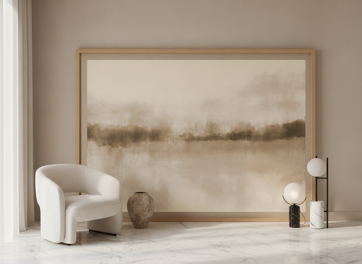 Oversized statement modern wall art print leaning against the wall in a luxe bedroom