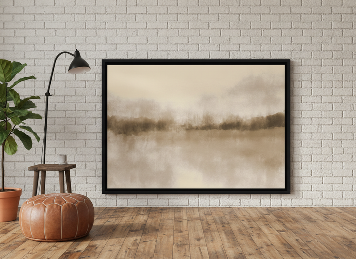 Canvas wall art with a black surround leaning against the wall in an industrial loft living room