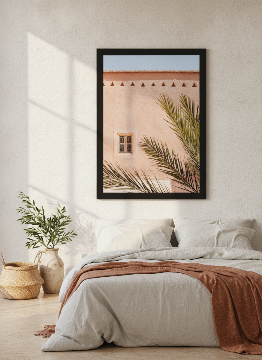 Modern wall art print styled on the wall in a Mediterranean bedroom