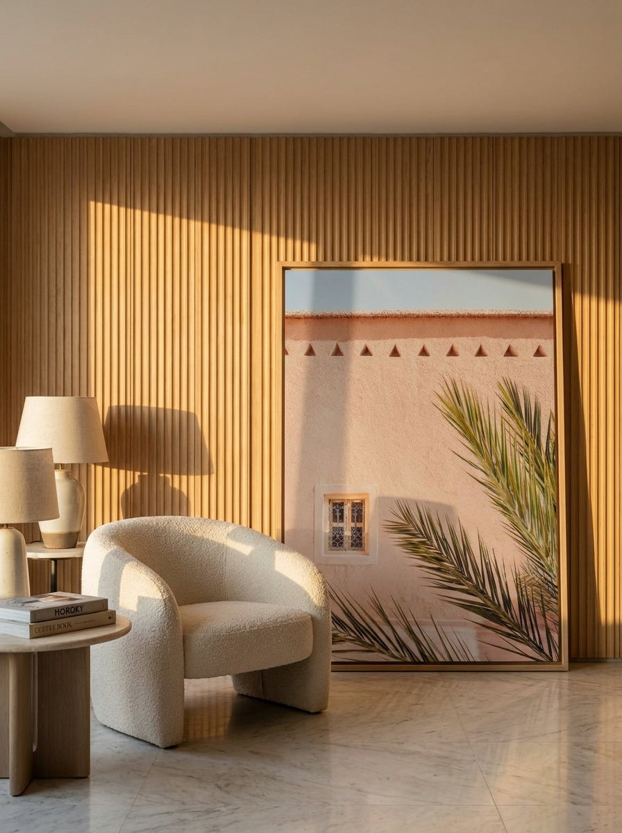Oversized statement canvas wall art with a natural timber surround leaning against the wall in a luxe dining room