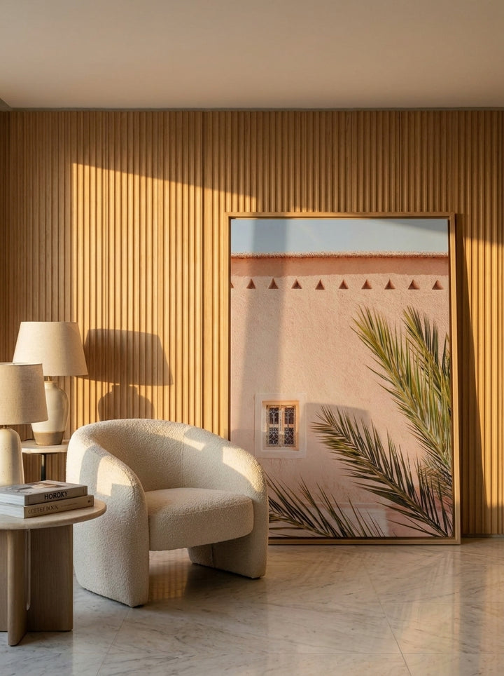 Oversized statement canvas wall art with a natural timber surround leaning against the wall in a luxe dining room