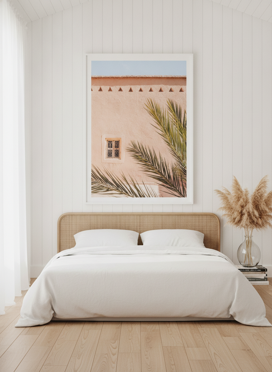 Oversized statement modern wall art print styled on the wall in a coastal bedroom