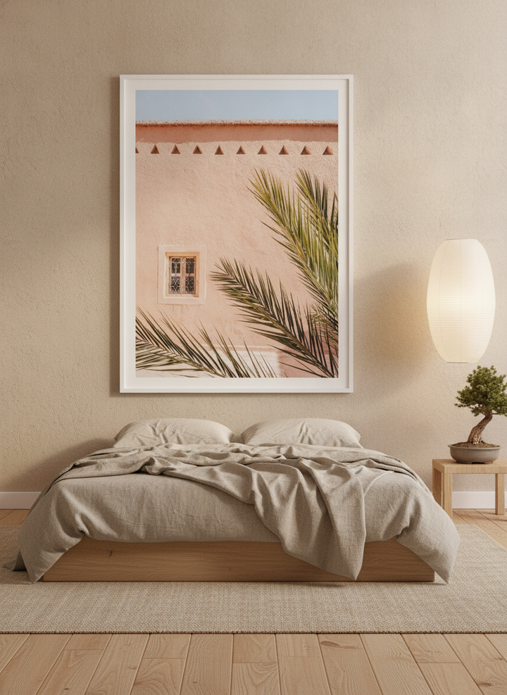 Modern wall art print styled on the wall in a warm Japandi bedroom