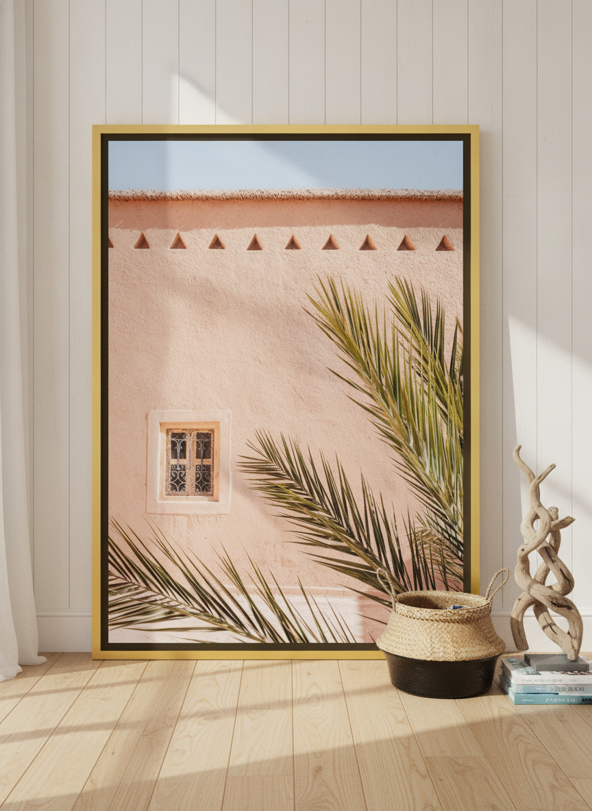 Oversized statement canvas wall art with a gold leaf surround leaning against the wall in a coastal living room