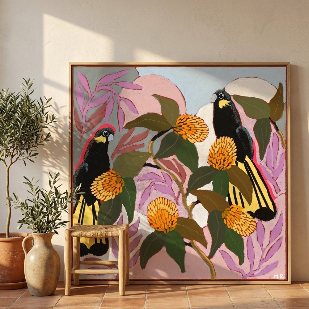 Oversized statement canvas wall art with a natural timber surround leaning against the wall in a Mediterranean dining room