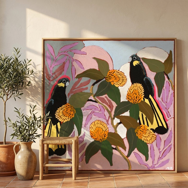 Oversized statement canvas wall art with a natural timber surround leaning against the wall in a Mediterranean dining room