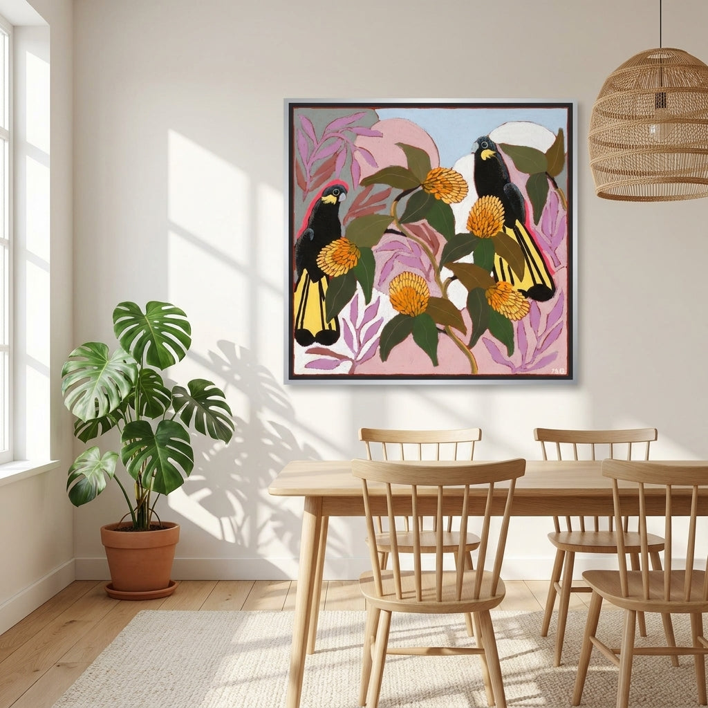 Canvas wall art with a silver leaf surround styled on the wall in a bright Scandinavian dining room