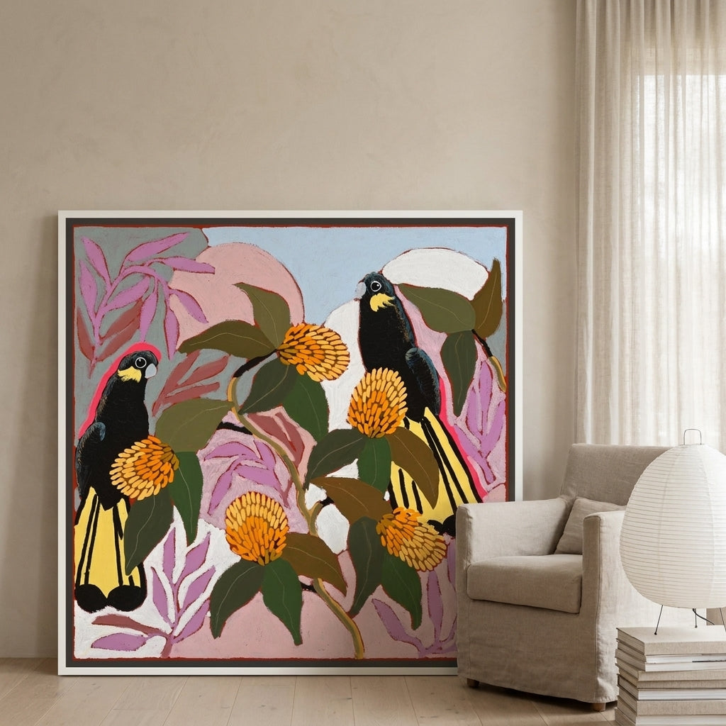 Canvas wall art with a white surround leaning against the wall in a warm Japandi kitchen