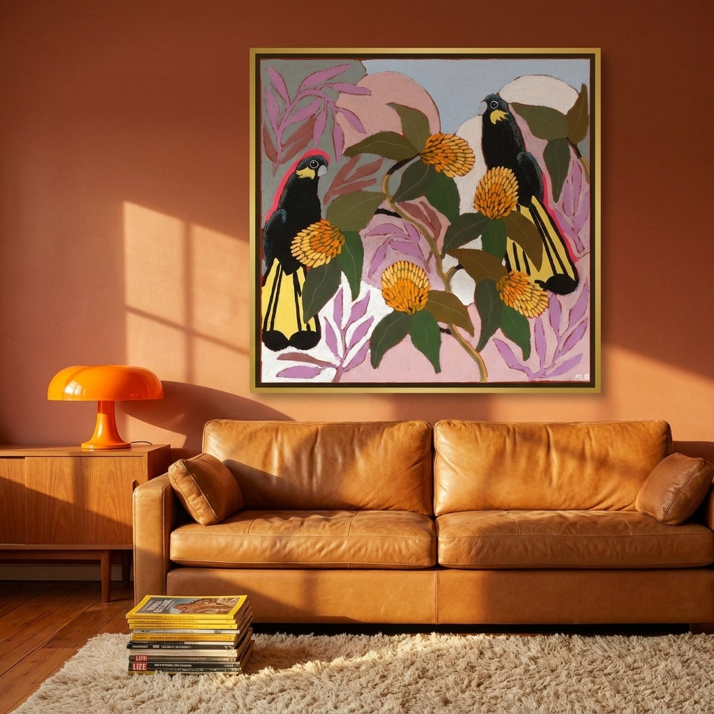 Oversized statement canvas wall art with a gold leaf surround styled on the wall in a retro 70s living room