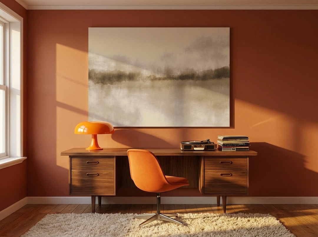 Stretched canvas wall art styled on the wall in a retro 70s home office