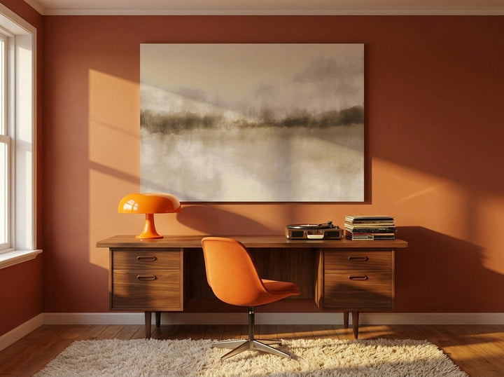 Stretched canvas wall art styled on the wall in a retro 70s home office