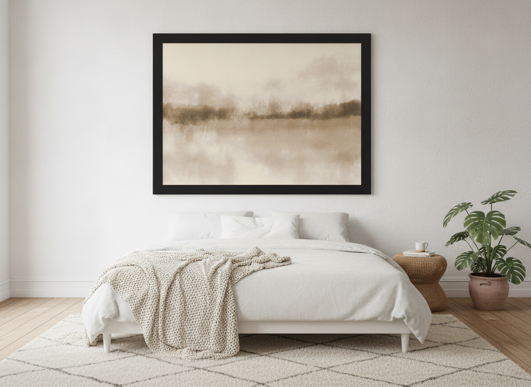 Oversized statement modern wall art print styled on the wall in a bright Scandinavian bedroom