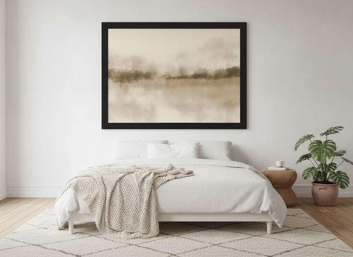 Oversized statement modern wall art print styled on the wall in a bright Scandinavian bedroom