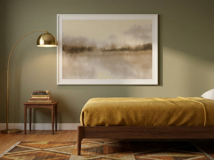 Modern wall art print styled on the wall in a mid-century bedroom